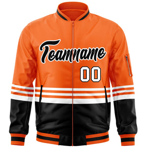 Custom Orange Black-White Varsity Full-Zip Color Block Letterman Bomber Jacket