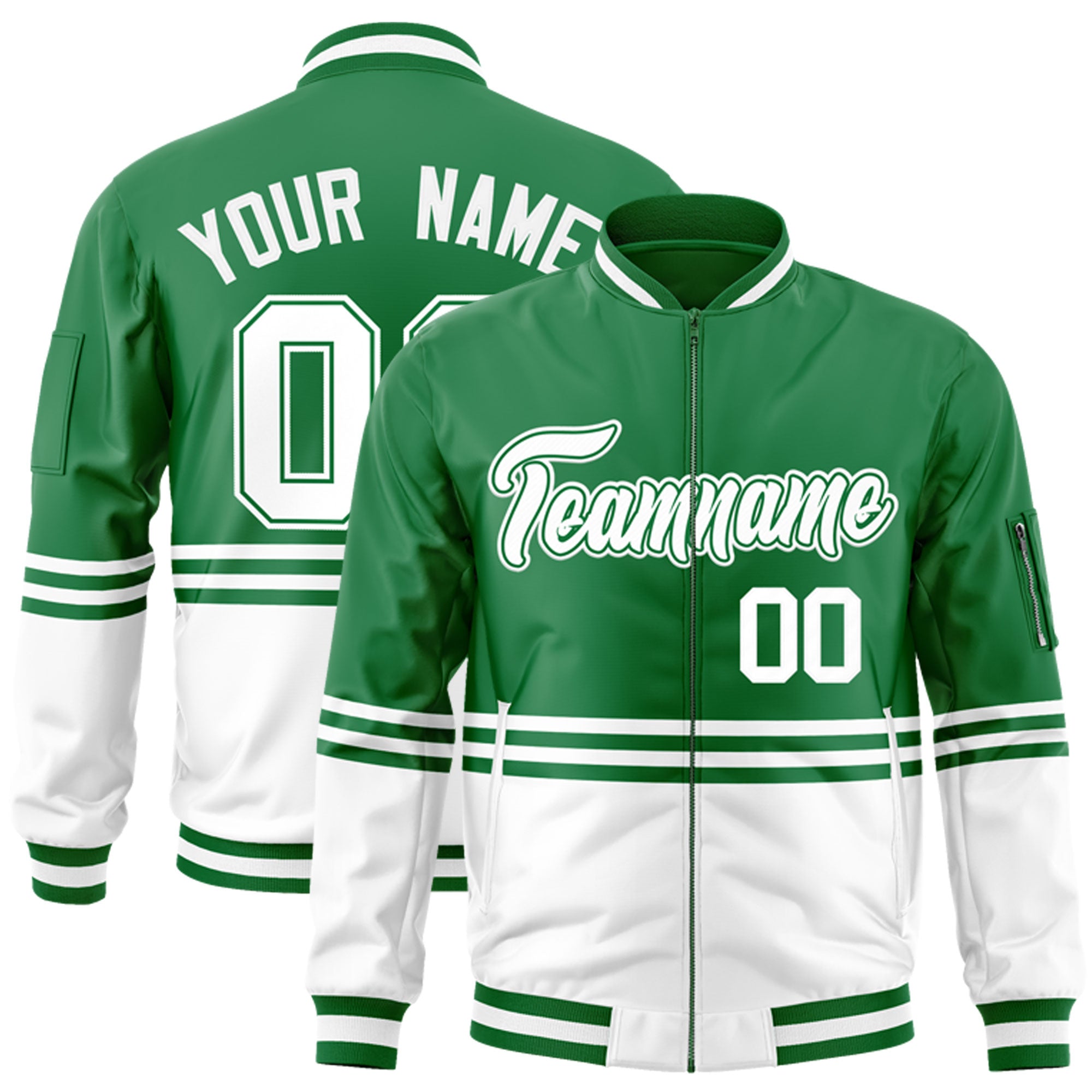 Custom Kelly Green White Varsity Full-Zip Color Block Letterman Bomber Jacket