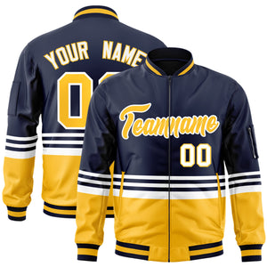 Custom Navy Gold-White Varsity Full-Zip Color Block Letterman Bomber Jacket