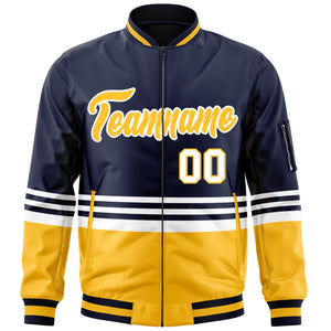 Custom Navy Gold-White Varsity Full-Zip Color Block Letterman Bomber Jacket