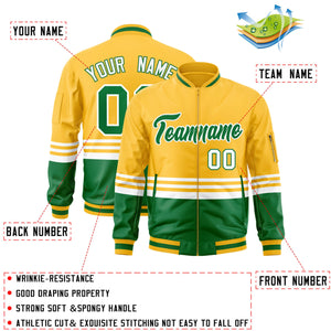 Custom Gold Kelly Green-White Varsity Full-Zip Color Block Letterman Bomber Jacket