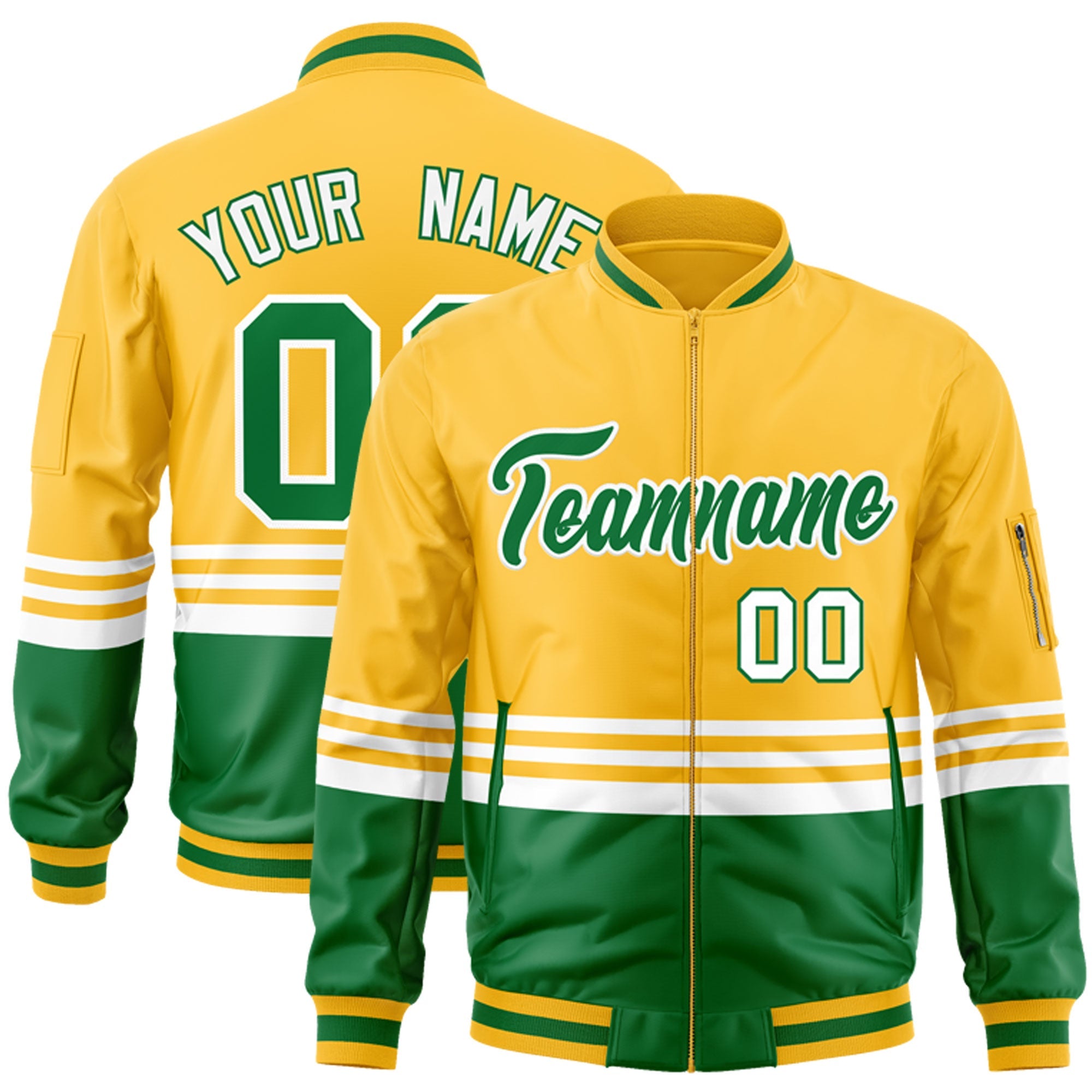 Custom Gold Kelly Green-White Varsity Full-Zip Color Block Letterman Bomber Jacket