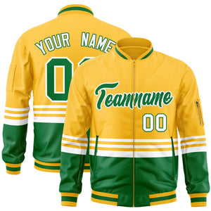 Custom Gold Kelly Green-White Varsity Full-Zip Color Block Letterman Bomber Jacket