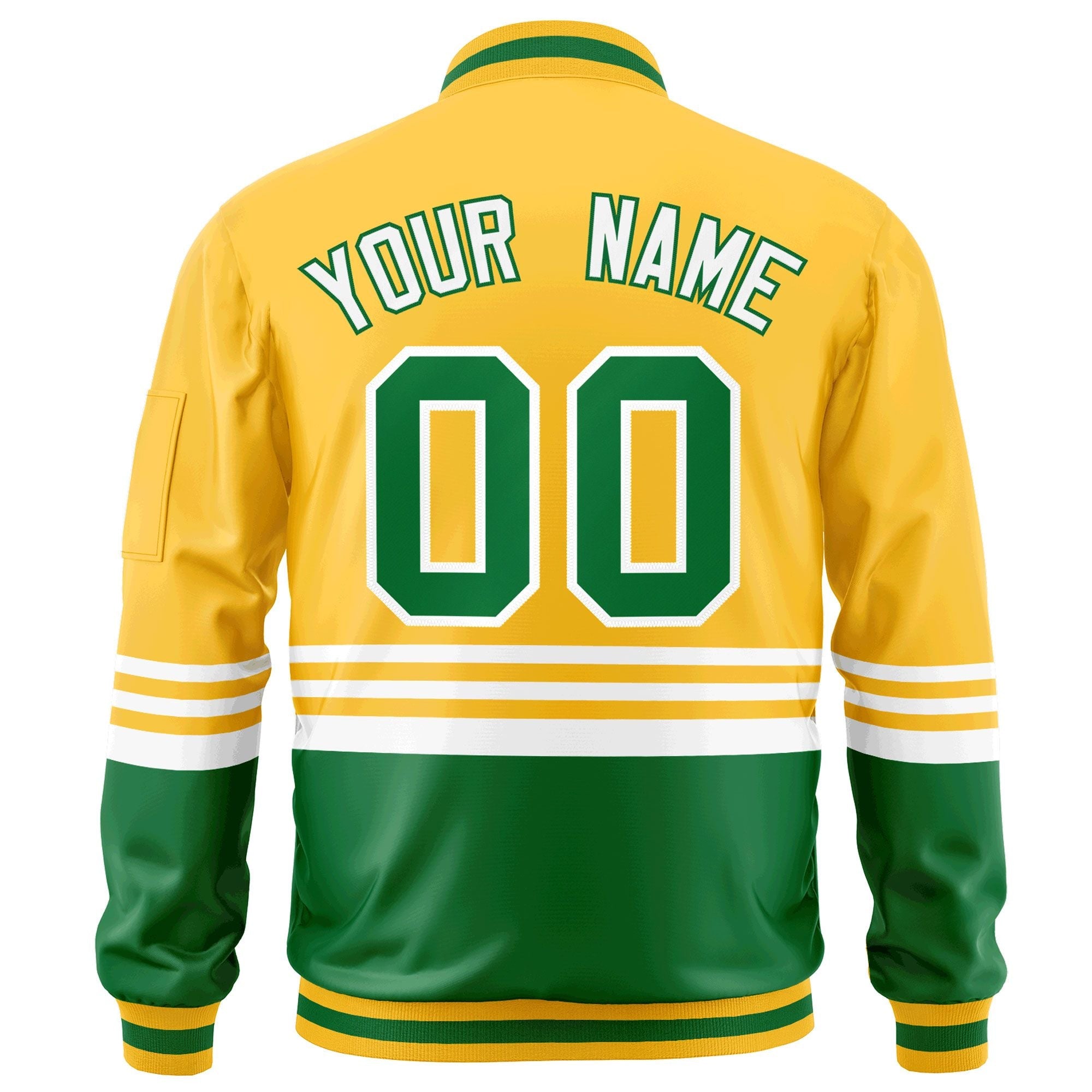 Custom Gold Kelly Green-White Varsity Full-Zip Color Block Letterman Bomber Jacket