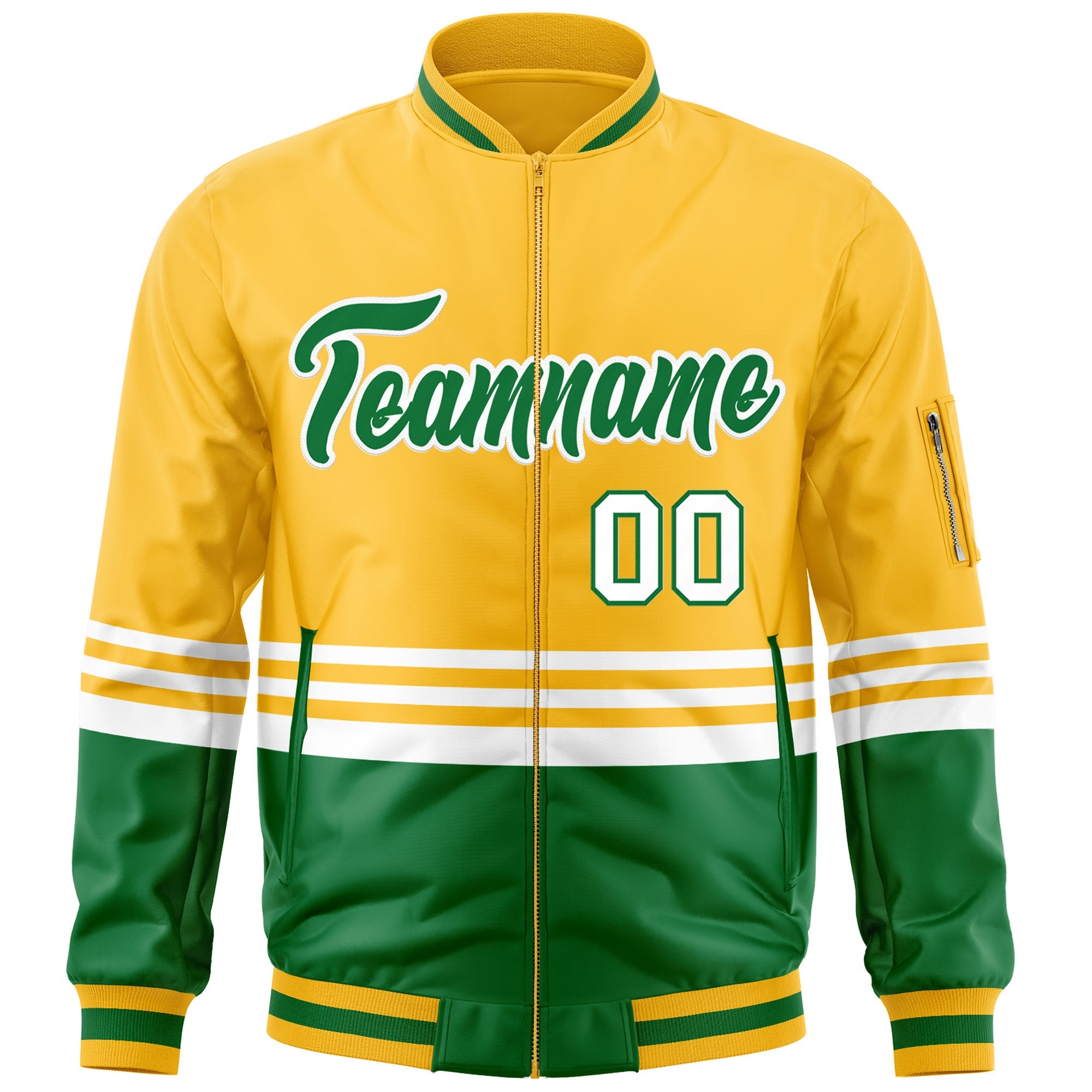 Custom Gold Kelly Green-White Varsity Full-Zip Color Block Letterman Bomber Jacket