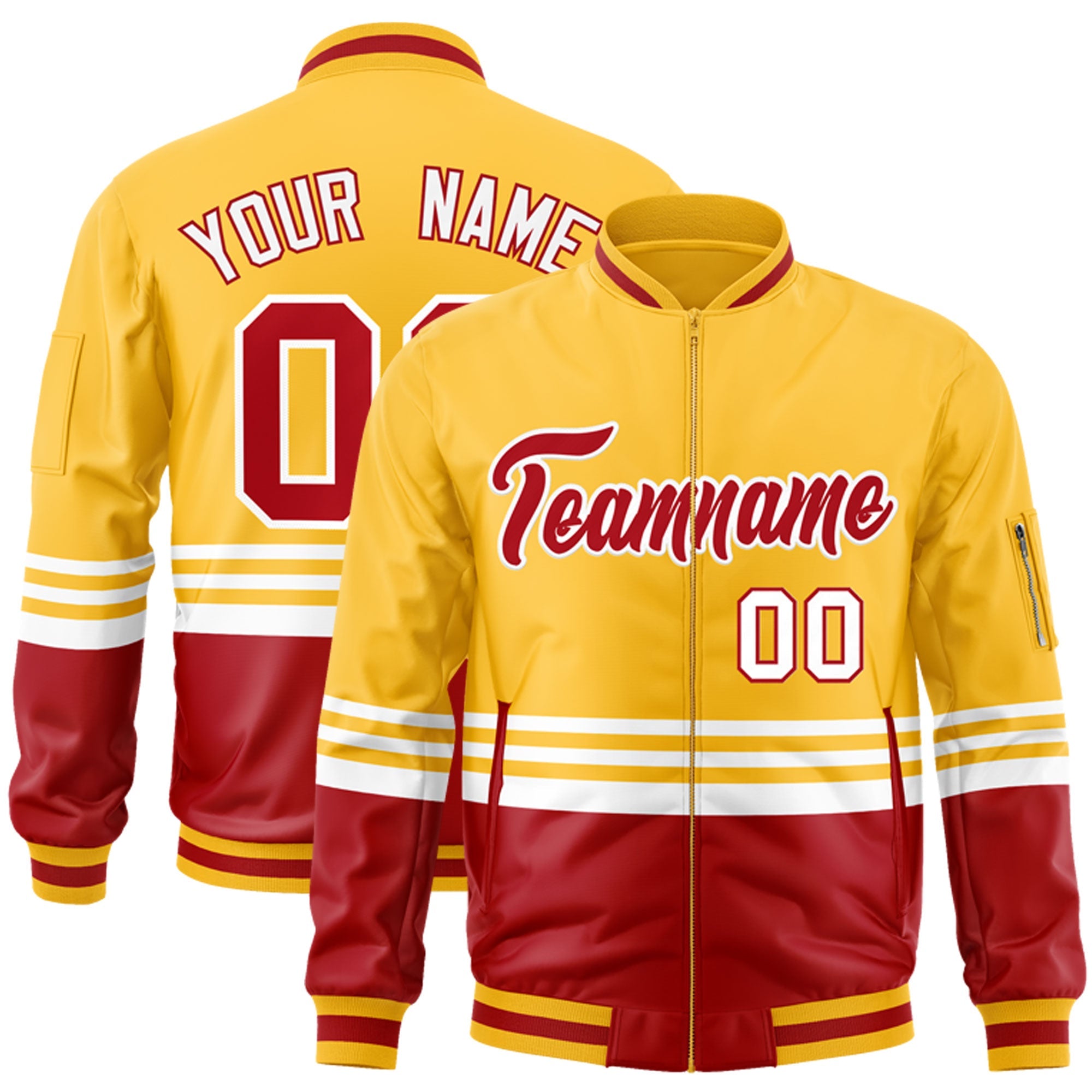 Custom Gold Red-White Varsity Full-Zip Color Block Letterman Bomber Jacket