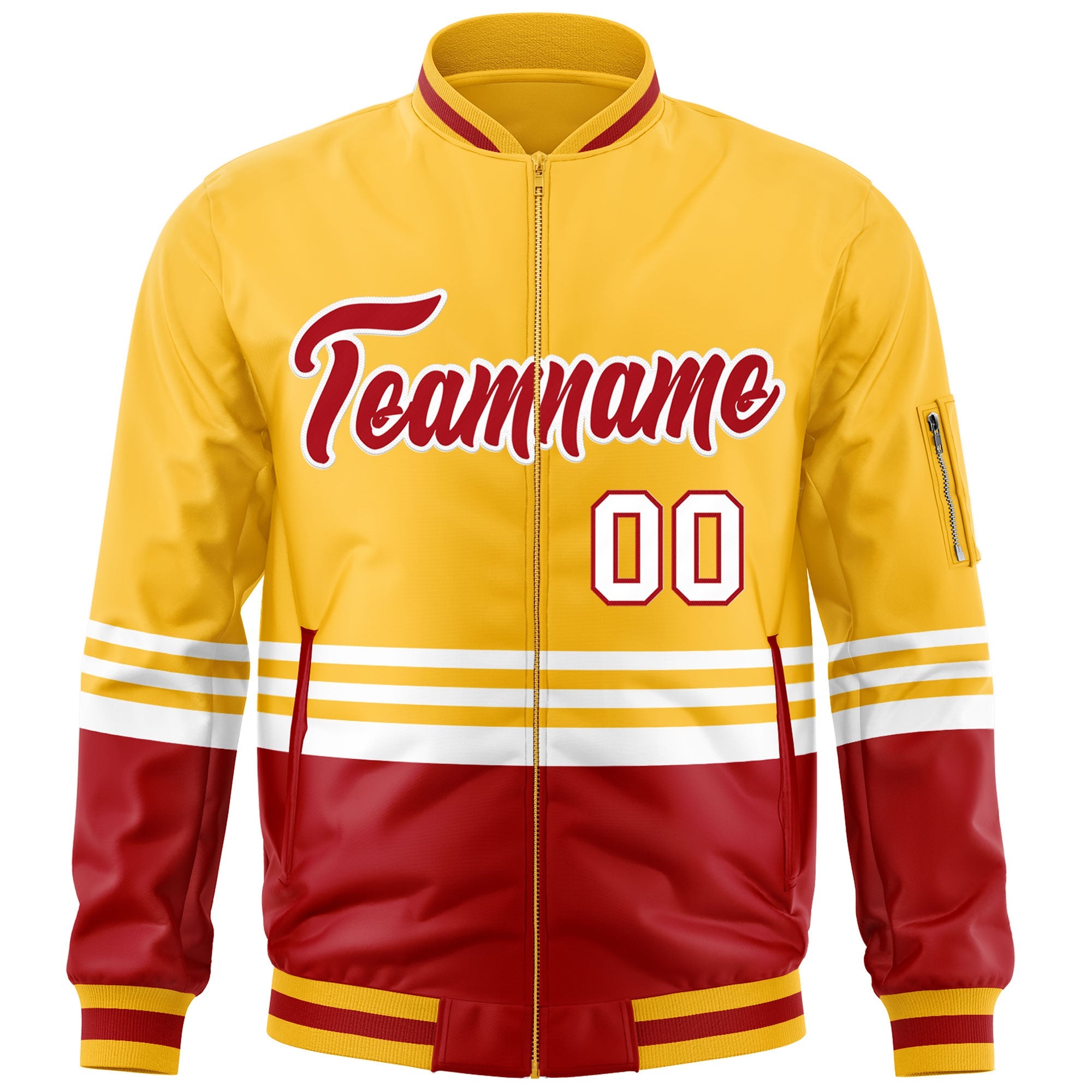 Custom Gold Red-White Varsity Full-Zip Color Block Letterman Bomber Jacket