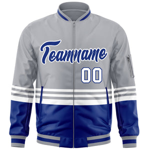 Custom Gray Royal-White Varsity Full-Zip Color Block Letterman Bomber Jacket