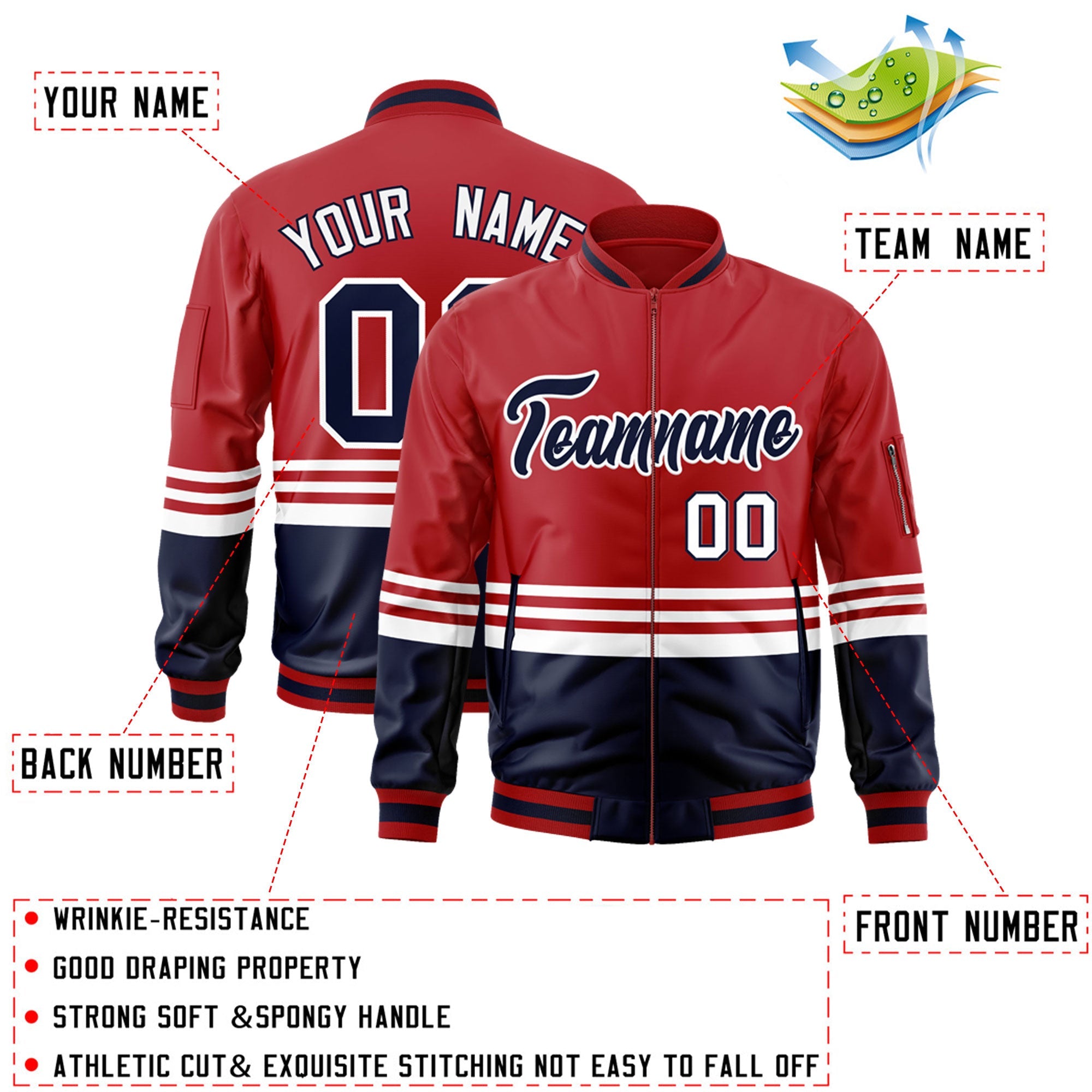 Custom Red Navy-White Varsity Full-Zip Color Block Letterman Bomber Jacket