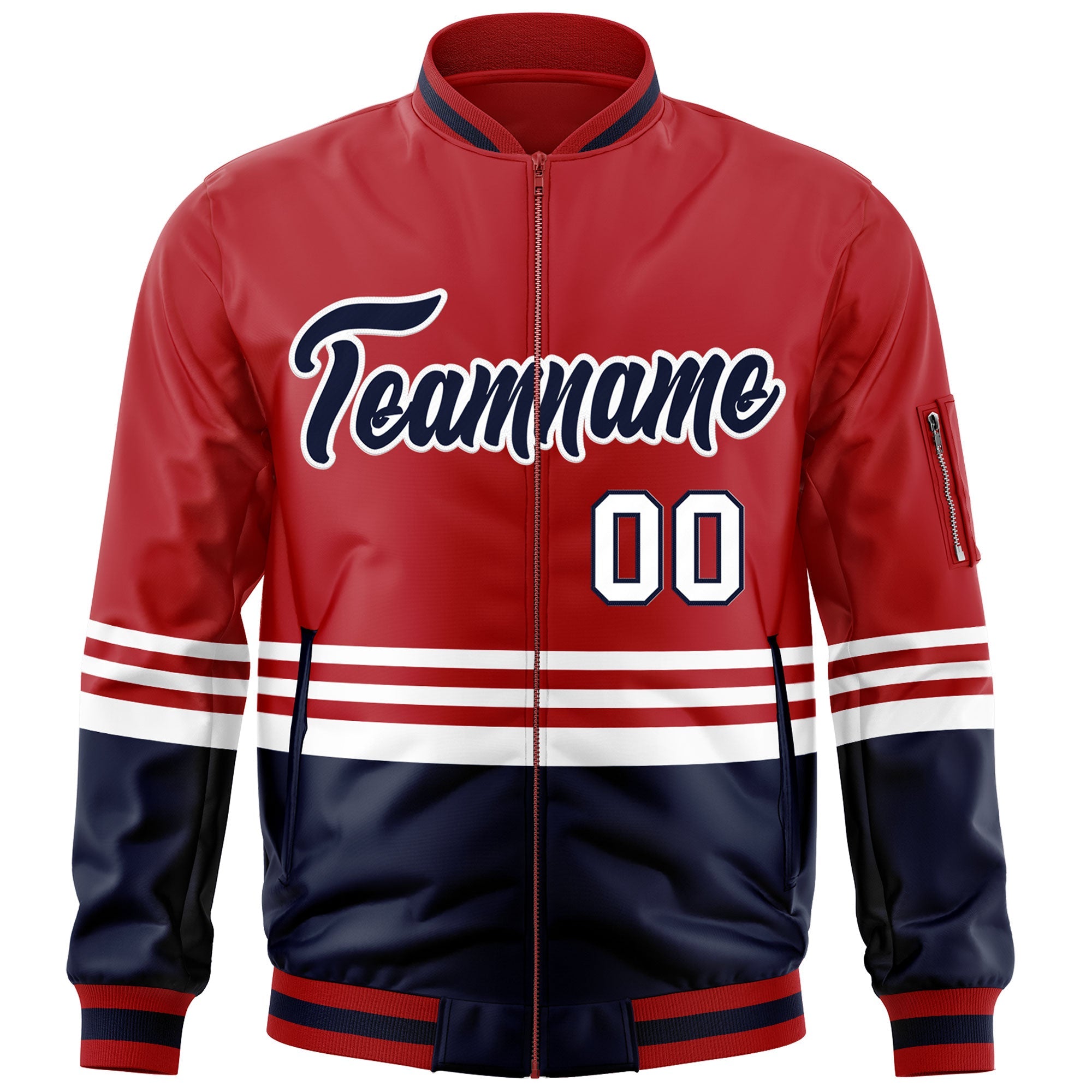 Custom Red Navy-White Varsity Full-Zip Color Block Letterman Bomber Jacket