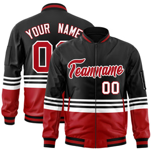 Custom Black Red-White Varsity Full-Zip Color Block Letterman Bomber Jacket