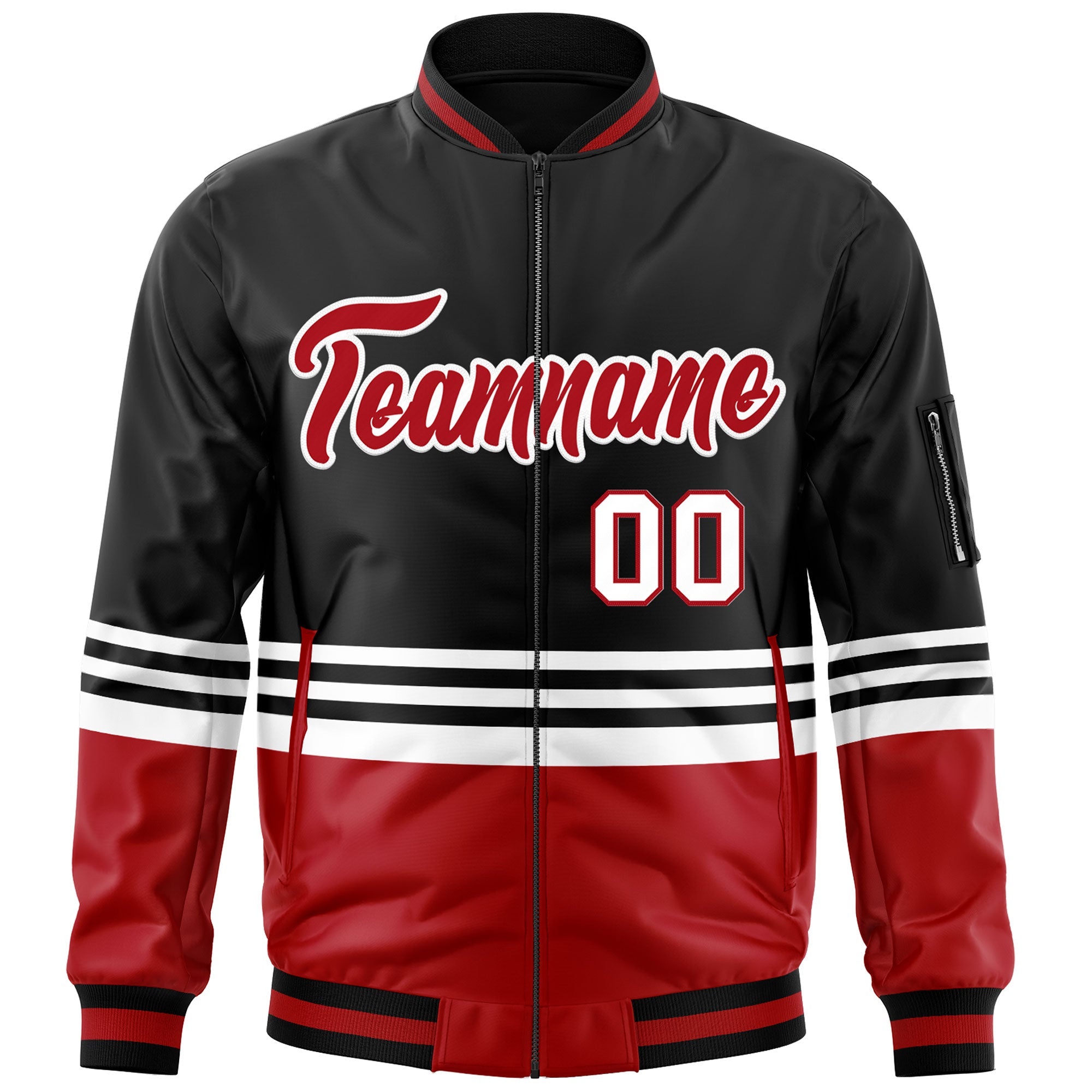 Custom Black Red-White Varsity Full-Zip Color Block Letterman Bomber Jacket