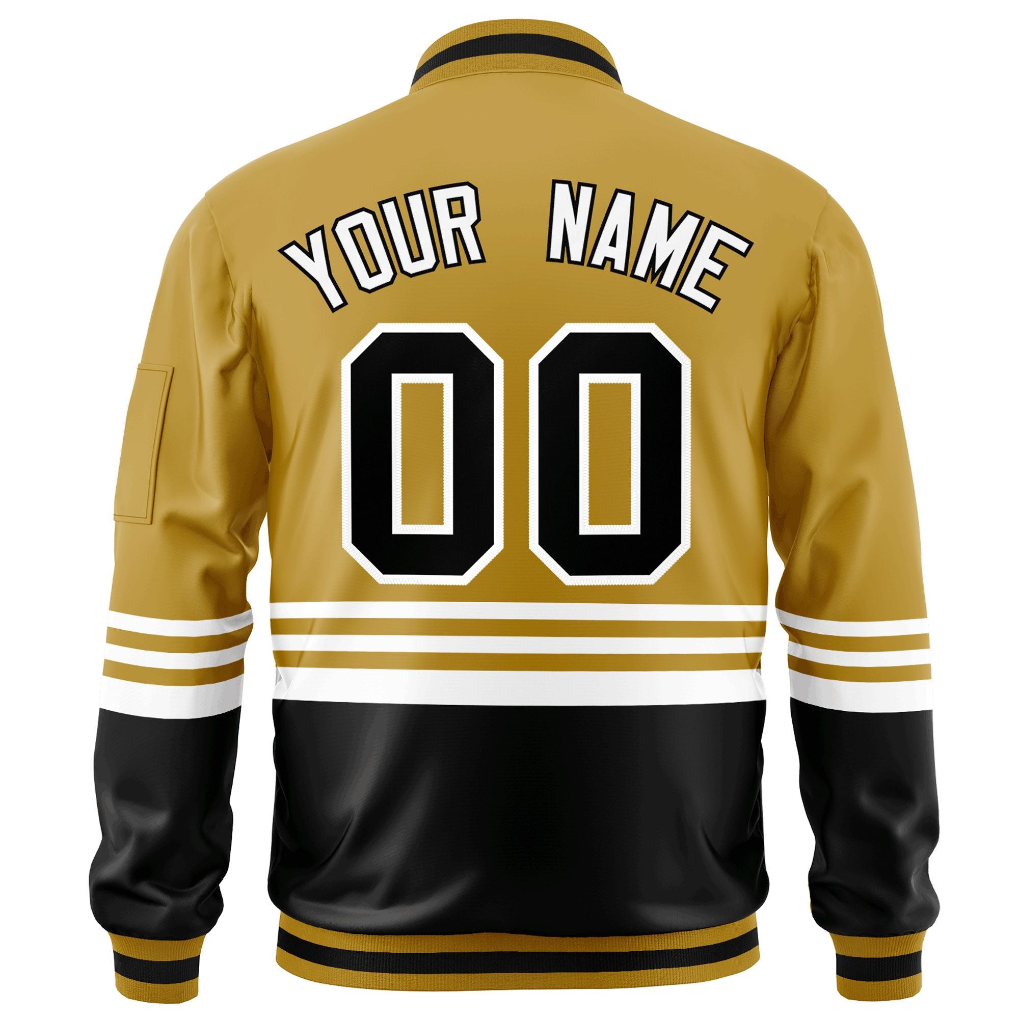 Custom Old Gold Black-White Varsity Full-Zip Color Block Letterman Bomber Jacket