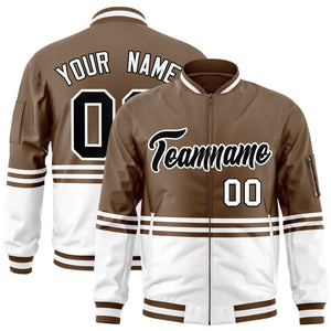 Custom Brown Black-White Varsity Full-Zip Color Block Letterman Bomber Jacket