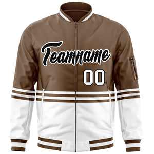 Custom Brown Black-White Varsity Full-Zip Color Block Letterman Bomber Jacket