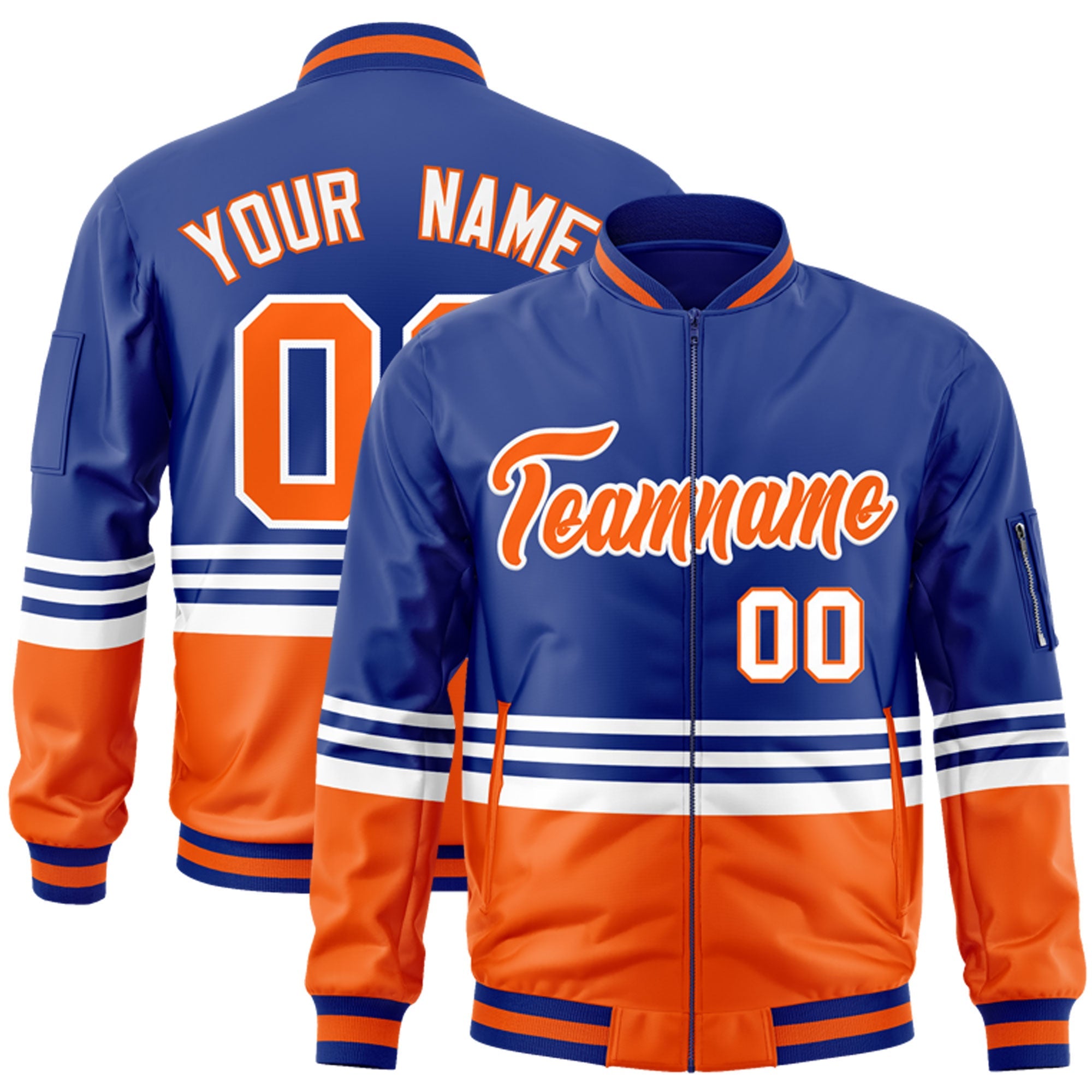 Custom Royal Orange-White Varsity Full-Zip Color Block Letterman Bomber Jacket