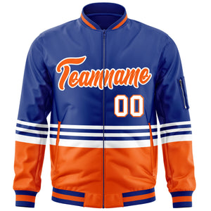 Custom Royal Orange-White Varsity Full-Zip Color Block Letterman Bomber Jacket