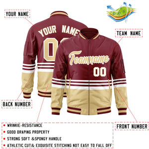 Custom Crimson Khaki-White Varsity Full-Zip Color Block Letterman Bomber Jacket