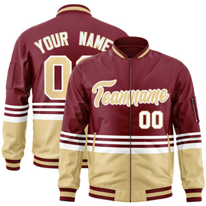 Custom Crimson Khaki-White Varsity Full-Zip Color Block Letterman Bomber Jacket