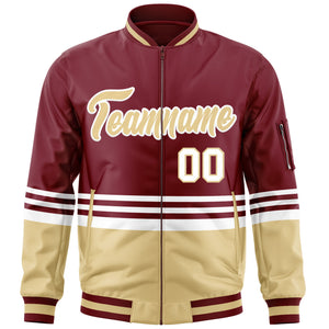 Custom Crimson Khaki-White Varsity Full-Zip Color Block Letterman Bomber Jacket