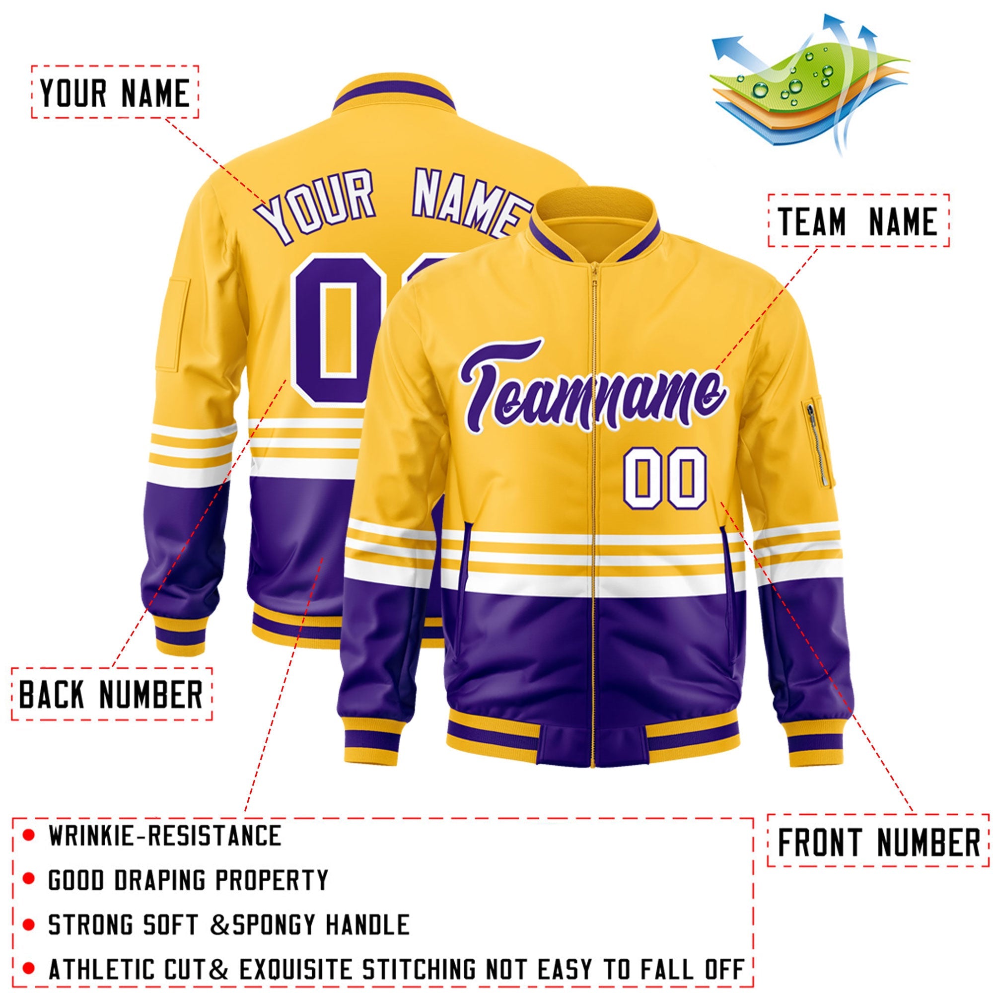 Custom Gold Purple-White Varsity Full-Zip Color Block Letterman Bomber Jacket