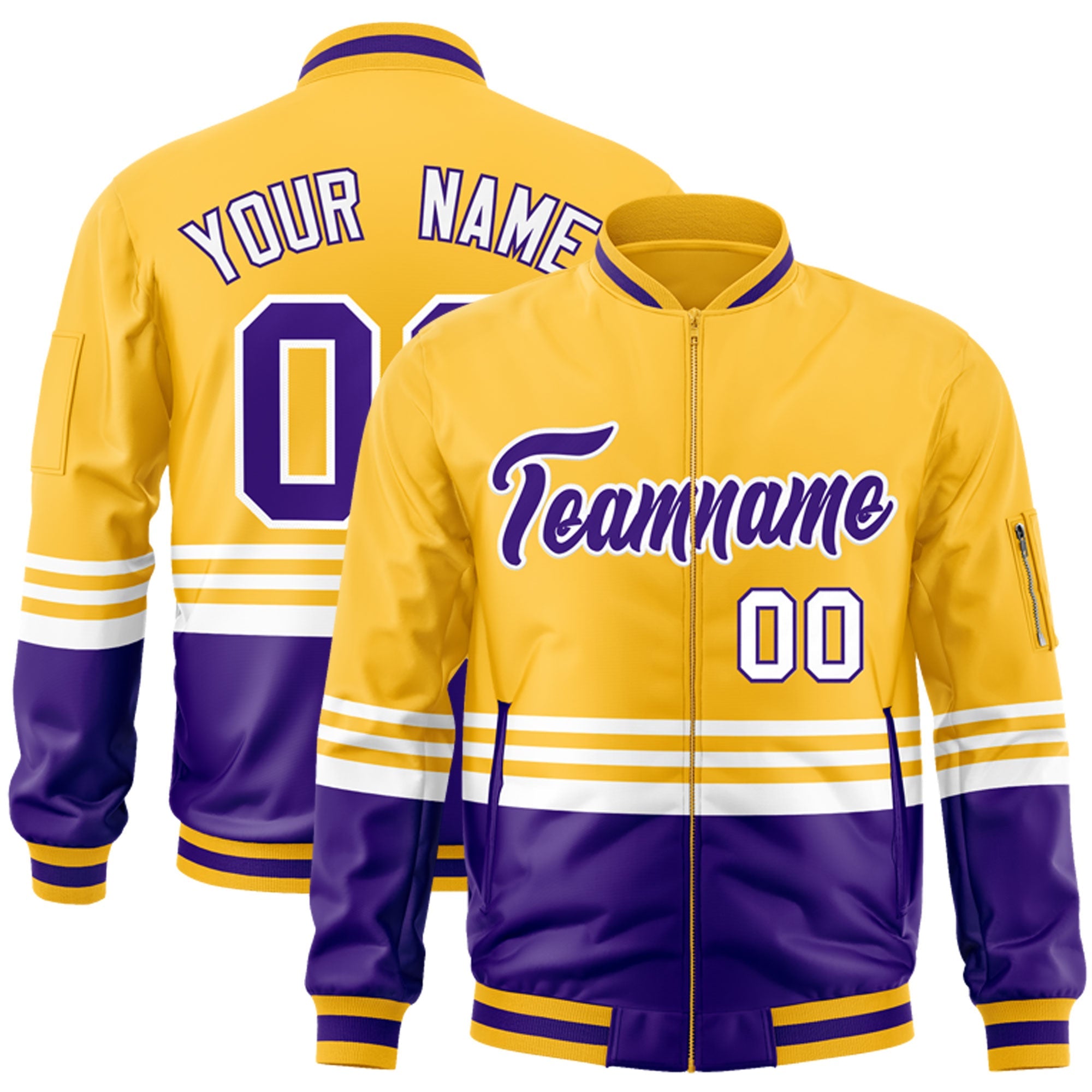 Custom Gold Purple-White Varsity Full-Zip Color Block Letterman Bomber Jacket