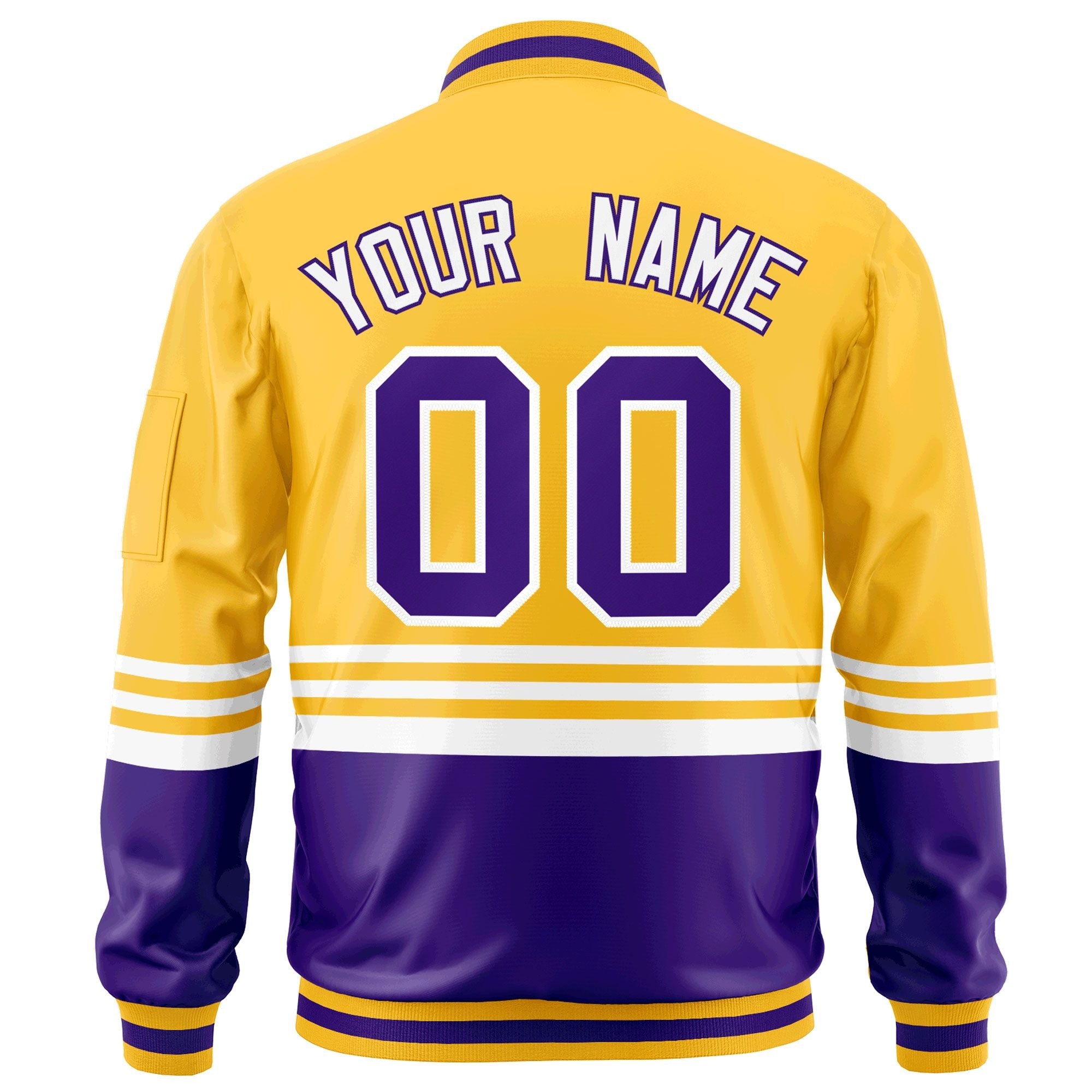 Custom Gold Purple-White Varsity Full-Zip Color Block Letterman Bomber Jacket