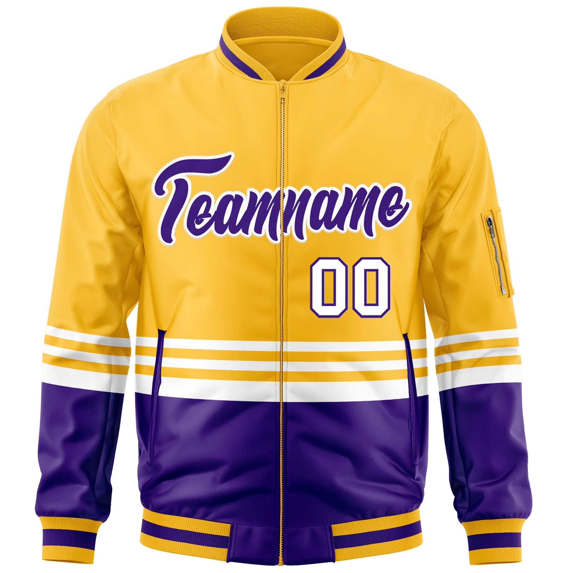 Custom Gold Purple-White Varsity Full-Zip Color Block Letterman Bomber Jacket