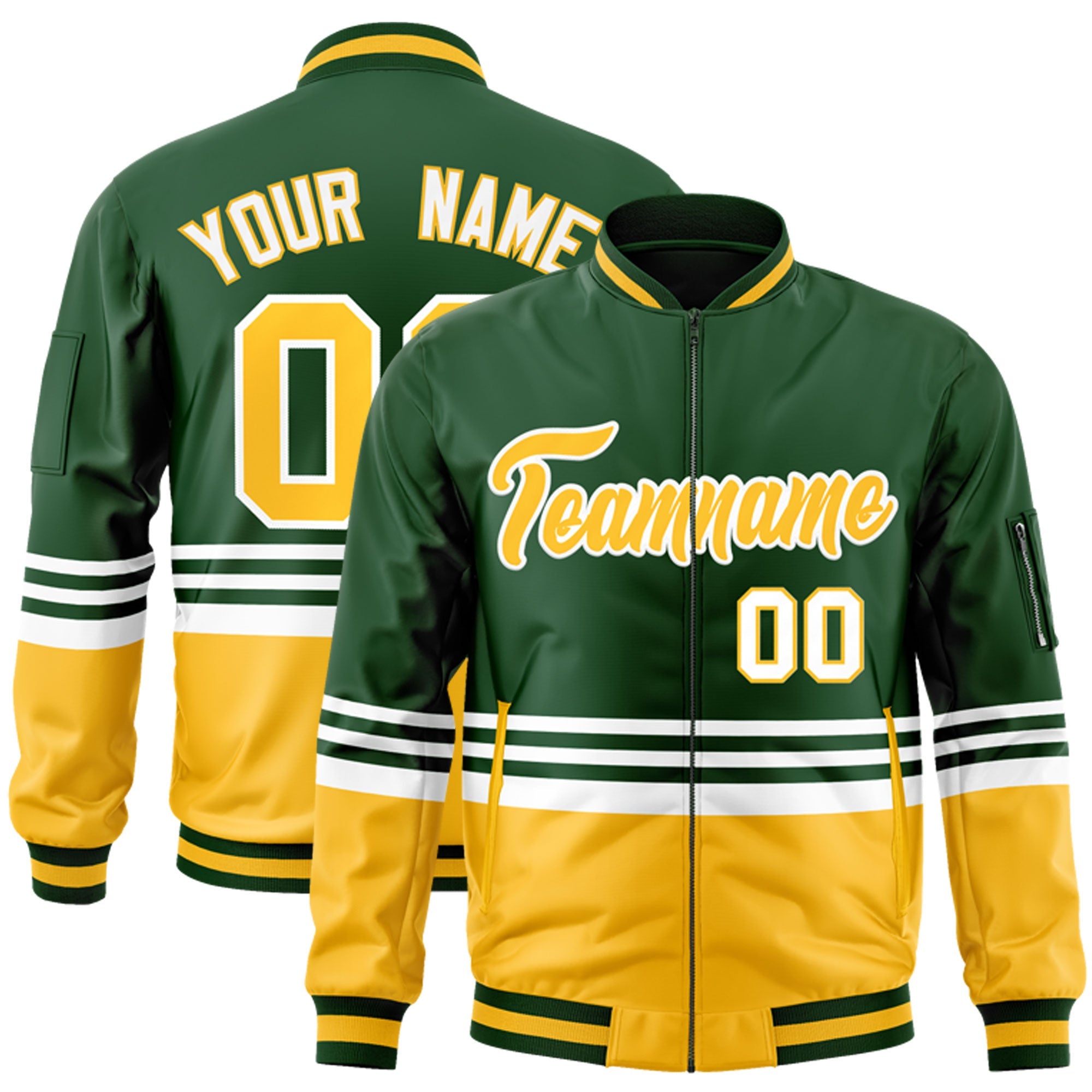 Custom Green Gold-White Varsity Full-Zip Color Block Letterman Bomber Jacket