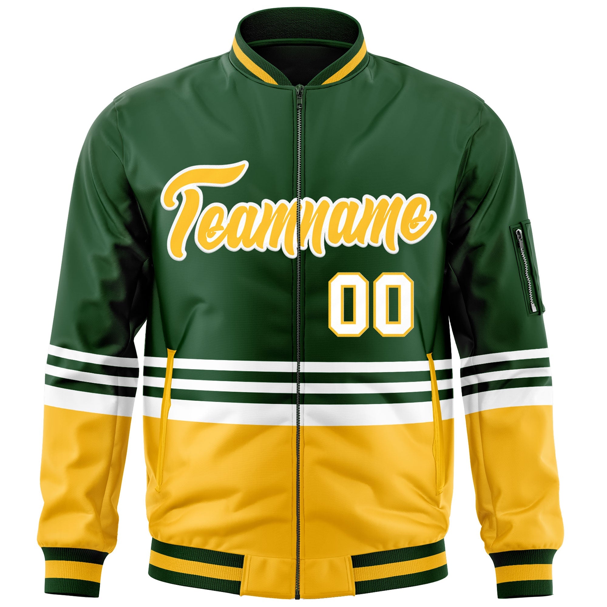 Custom Green Gold-White Varsity Full-Zip Color Block Letterman Bomber Jacket