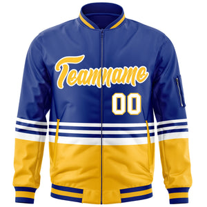 Custom Royal Gold-White Varsity Full-Zip Color Block Letterman Bomber Jacket