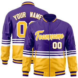 Custom Purple Gold-White Varsity Full-Zip Color Block Letterman Bomber Jacket