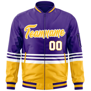 Custom Purple Gold-White Varsity Full-Zip Color Block Letterman Bomber Jacket