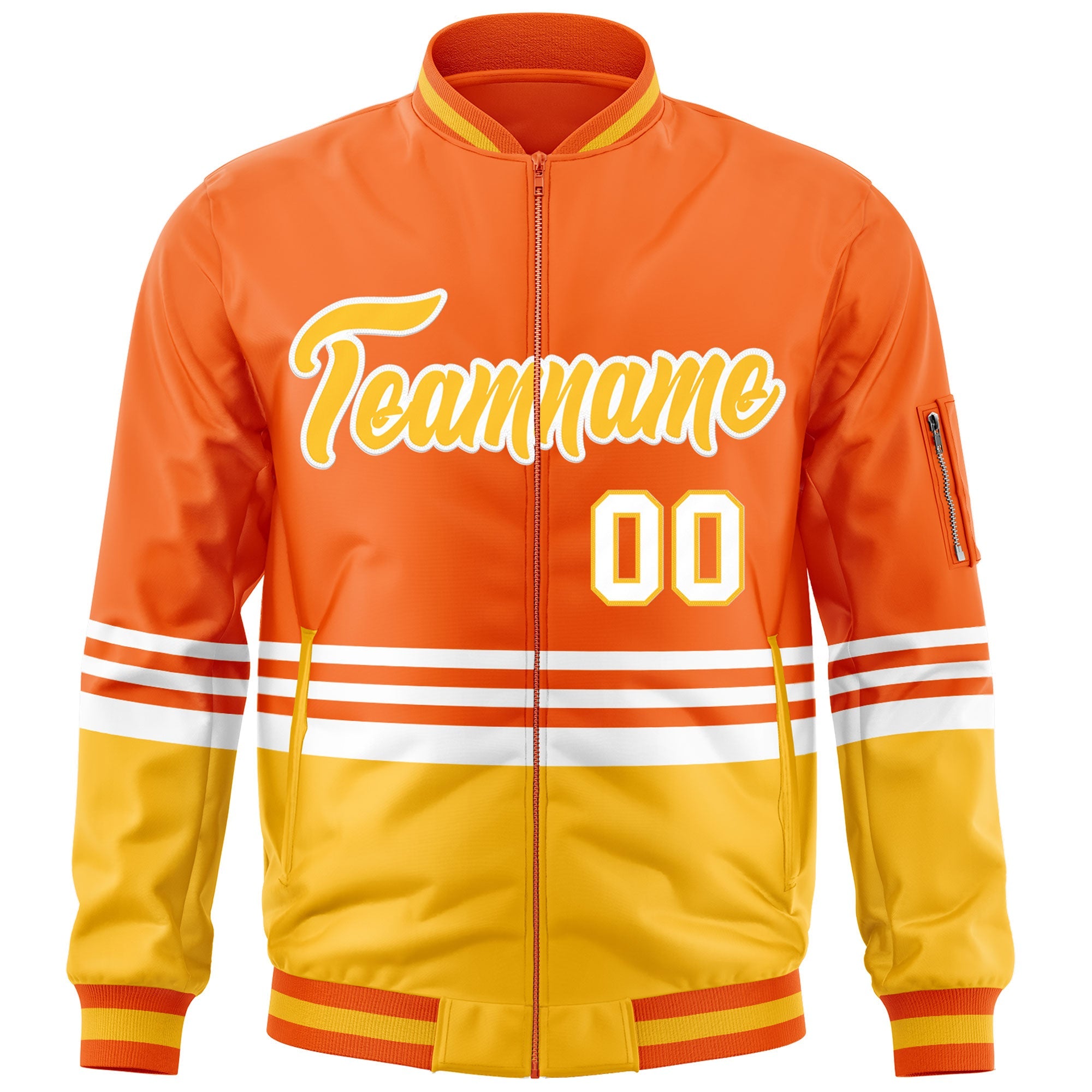 Custom Orange Gold-White Varsity Full-Zip Color Block Letterman Bomber Jacket