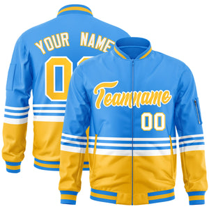 Custom Powder Blue Gold-White Varsity Full-Zip Color Block Letterman Bomber Jacket