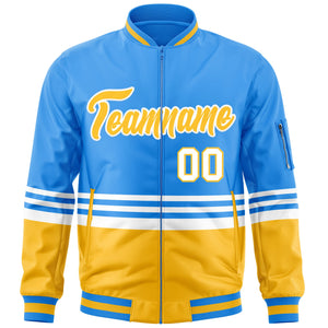 Custom Powder Blue Gold-White Varsity Full-Zip Color Block Letterman Bomber Jacket