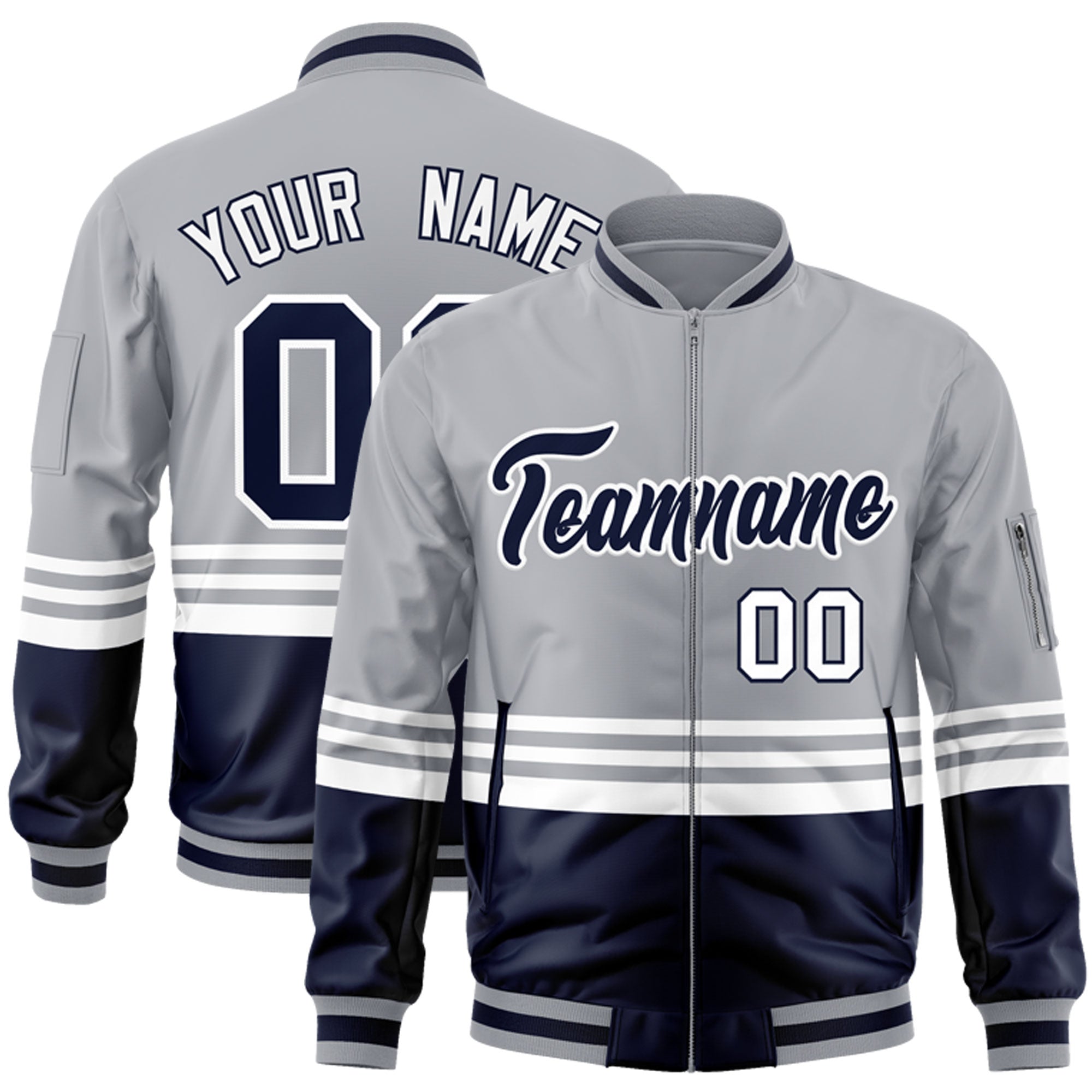 Custom Gray Navy-White Varsity Full-Zip Color Block Letterman Bomber Jacket