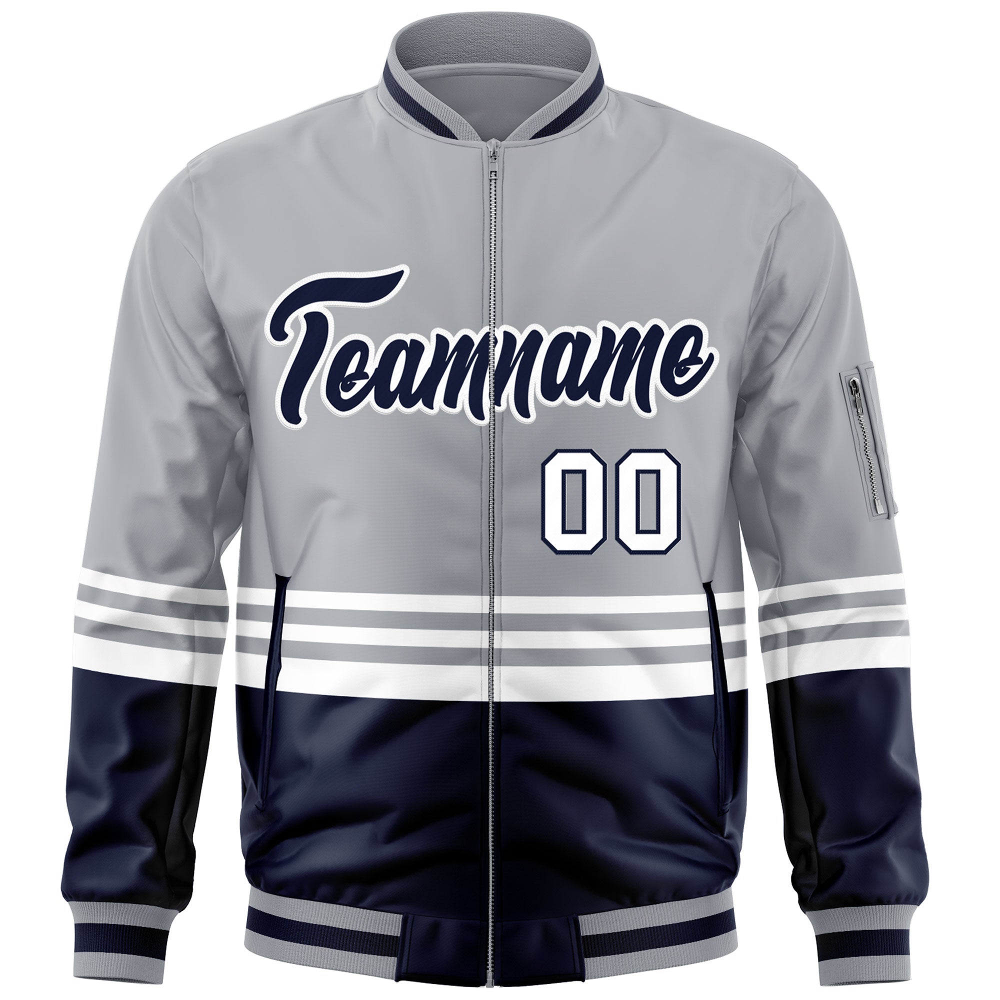 Custom Gray Navy-White Varsity Full-Zip Color Block Letterman Bomber Jacket