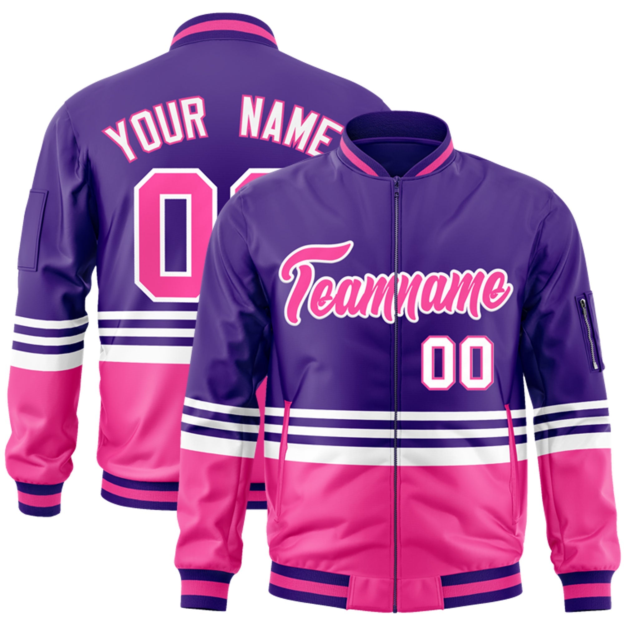 Custom Purple Pink-White Varsity Full-Zip Color Block Letterman Bomber Jacket