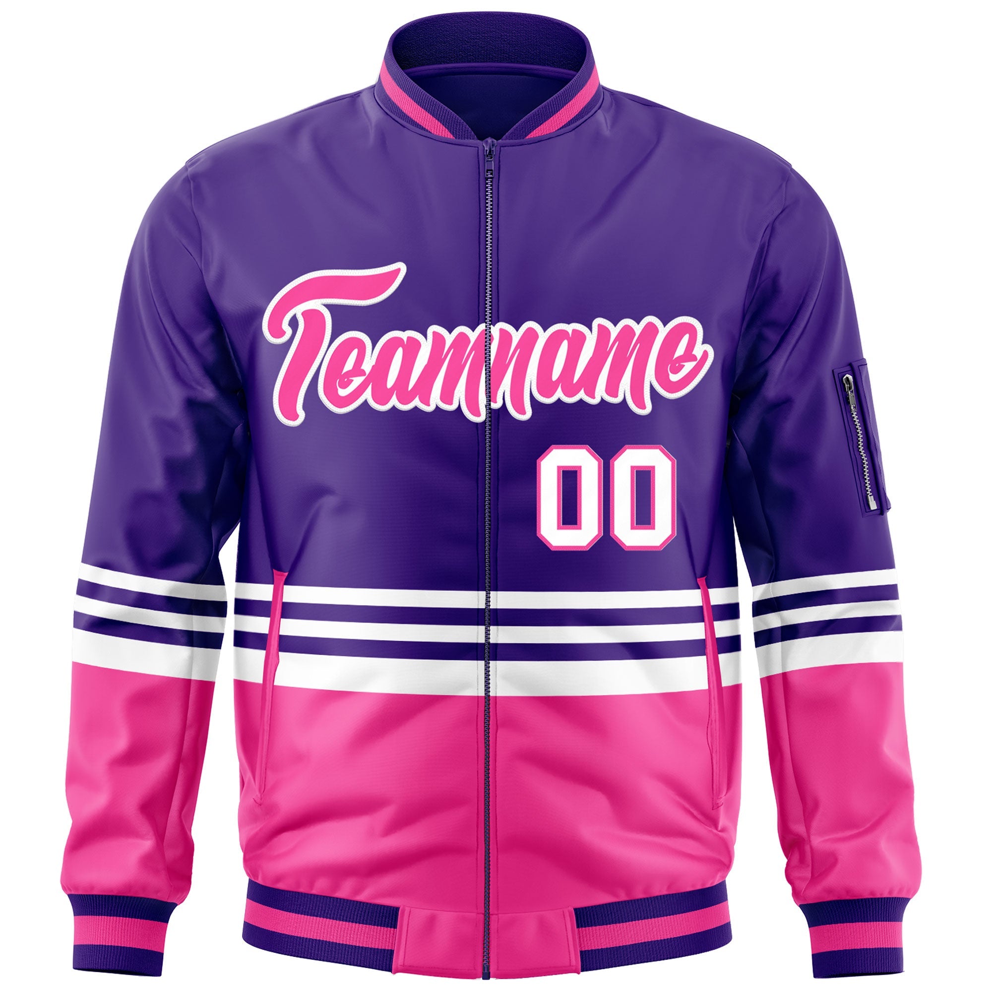 Custom Purple Pink-White Varsity Full-Zip Color Block Letterman Bomber Jacket