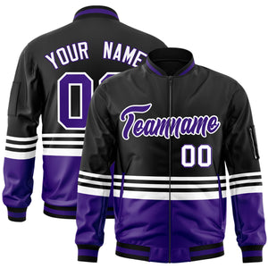 Custom Black Purple-White Varsity Full-Zip Color Block Letterman Bomber Jacket