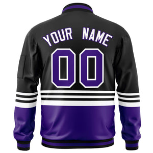 Custom Black Purple-White Varsity Full-Zip Color Block Letterman Bomber Jacket