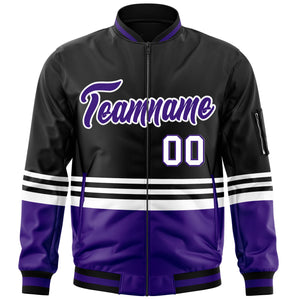 Custom Black Purple-White Varsity Full-Zip Color Block Letterman Bomber Jacket