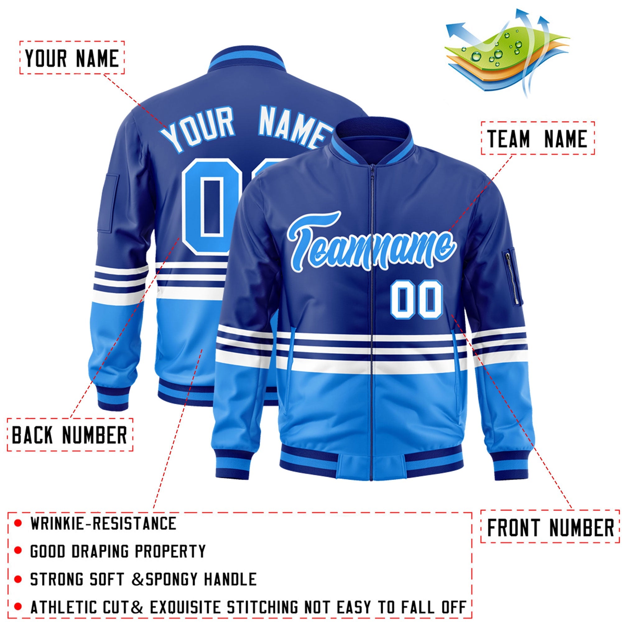 Custom Royal Powder Blue-White Varsity Full-Zip Color Block Letterman Bomber Jacket