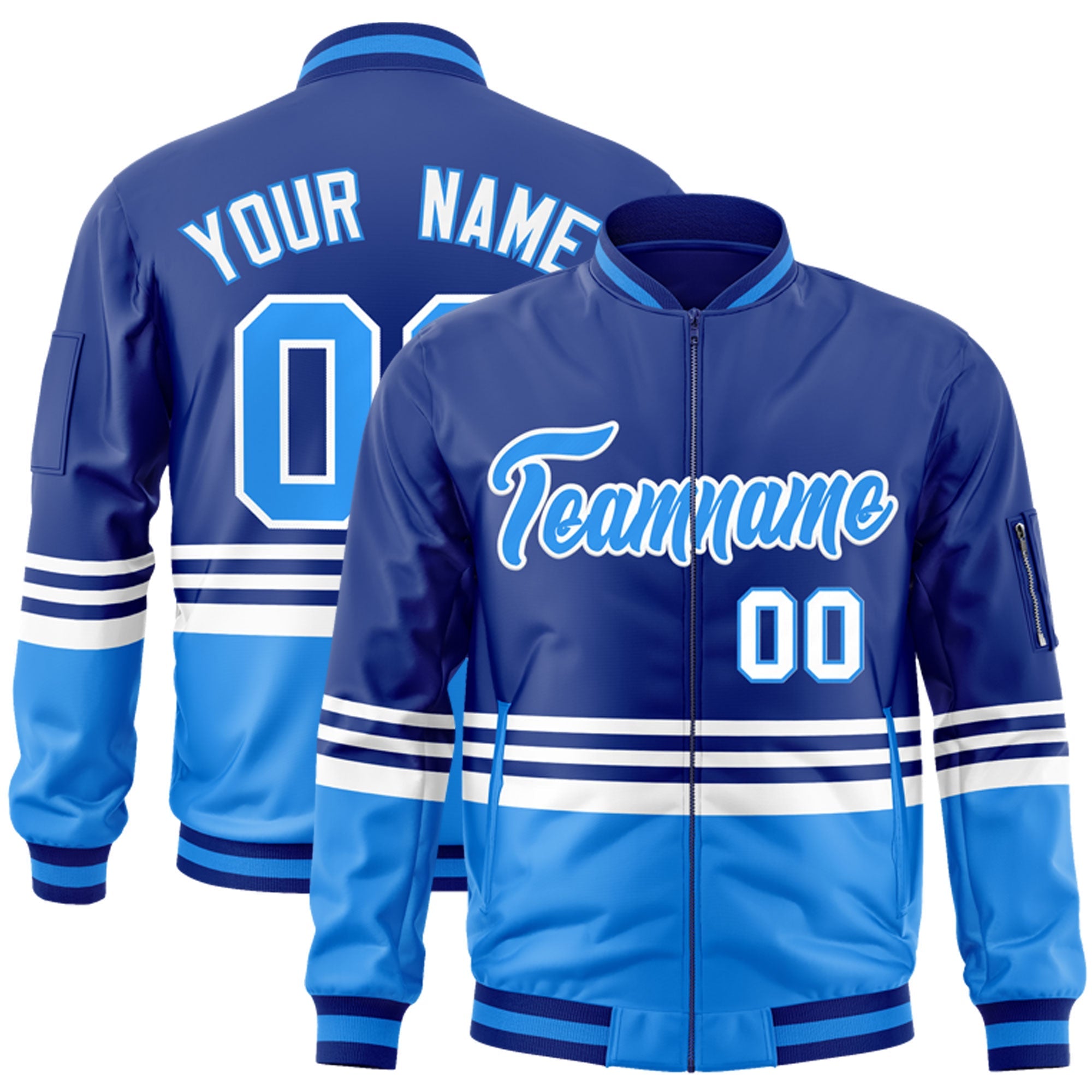 Custom Royal Powder Blue-White Varsity Full-Zip Color Block Letterman Bomber Jacket