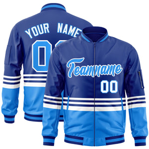 Custom Royal Powder Blue-White Varsity Full-Zip Color Block Letterman Bomber Jacket