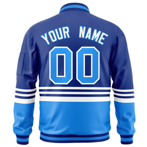 Custom Royal Powder Blue-White Varsity Full-Zip Color Block Letterman Bomber Jacket