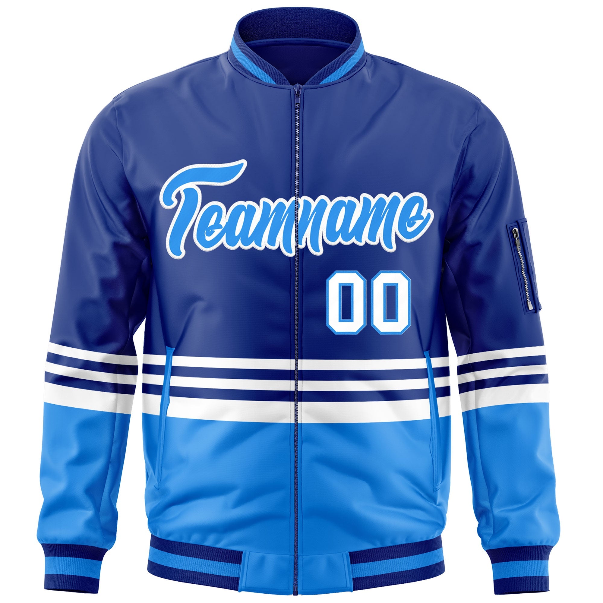 Custom Royal Powder Blue-White Varsity Full-Zip Color Block Letterman Bomber Jacket