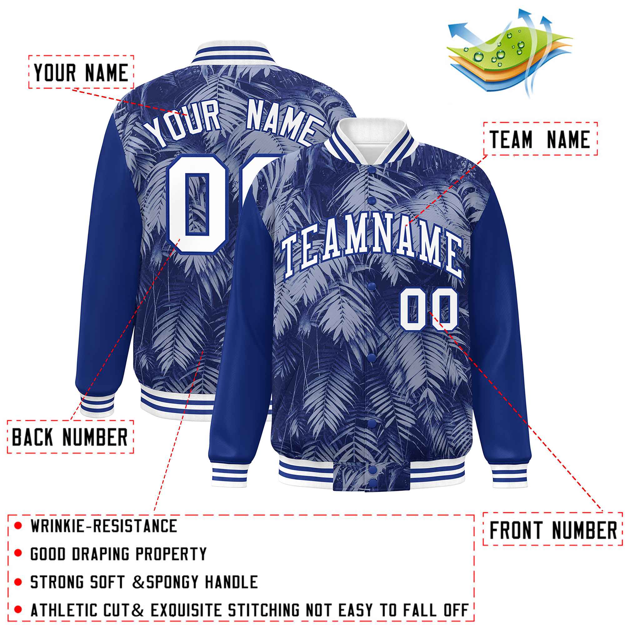 Custom Royal White-Navy Maple Leaf Raglan Sleeves Bomber Graffiti Pattern Varsity Jacket