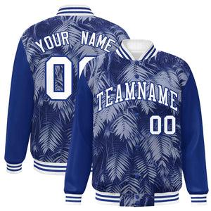 Custom Royal White-Navy Maple Leaf Raglan Sleeves Bomber Graffiti Pattern Varsity Jacket